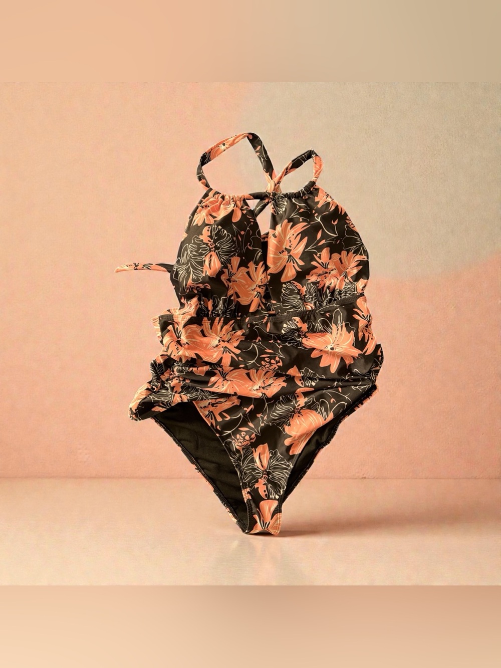 Floral Halter One-Piece Swimsuit - Black & Peach